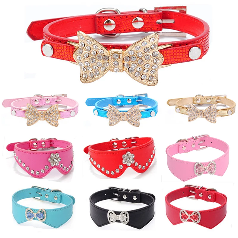 Бантом Собачьи Ошейники со стразами для маленьких собак из искусственной кожи с