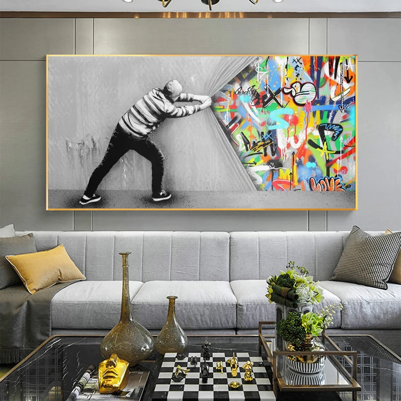Уличная Картина граффити на холсте плакаты и принты за занавеской Настенная