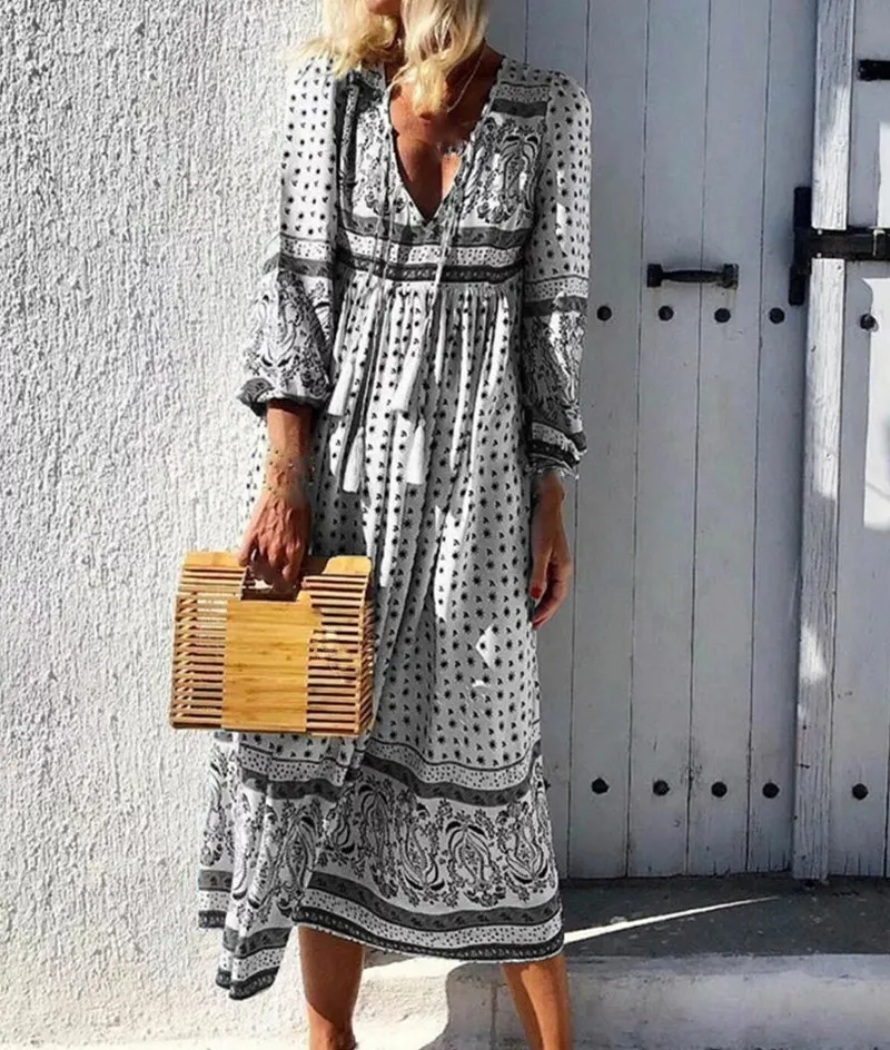 Летнее сексуальное платье средней длины с v-образным вырезом и длинным рукавом