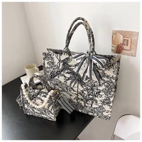 women large capacity handle bag fashion embroidery canvas handbag simple pearl shoulder bag shopping lady totes designer clutch