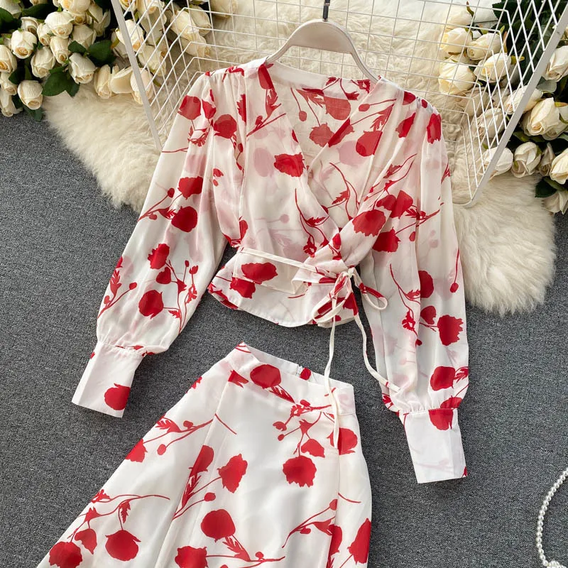 

Sexy Chiffon Two Piece Set Women Autumn Boho Chic Vacation Beach Short Tops And Ruffle Irregular Long Skirt Female Print Set New