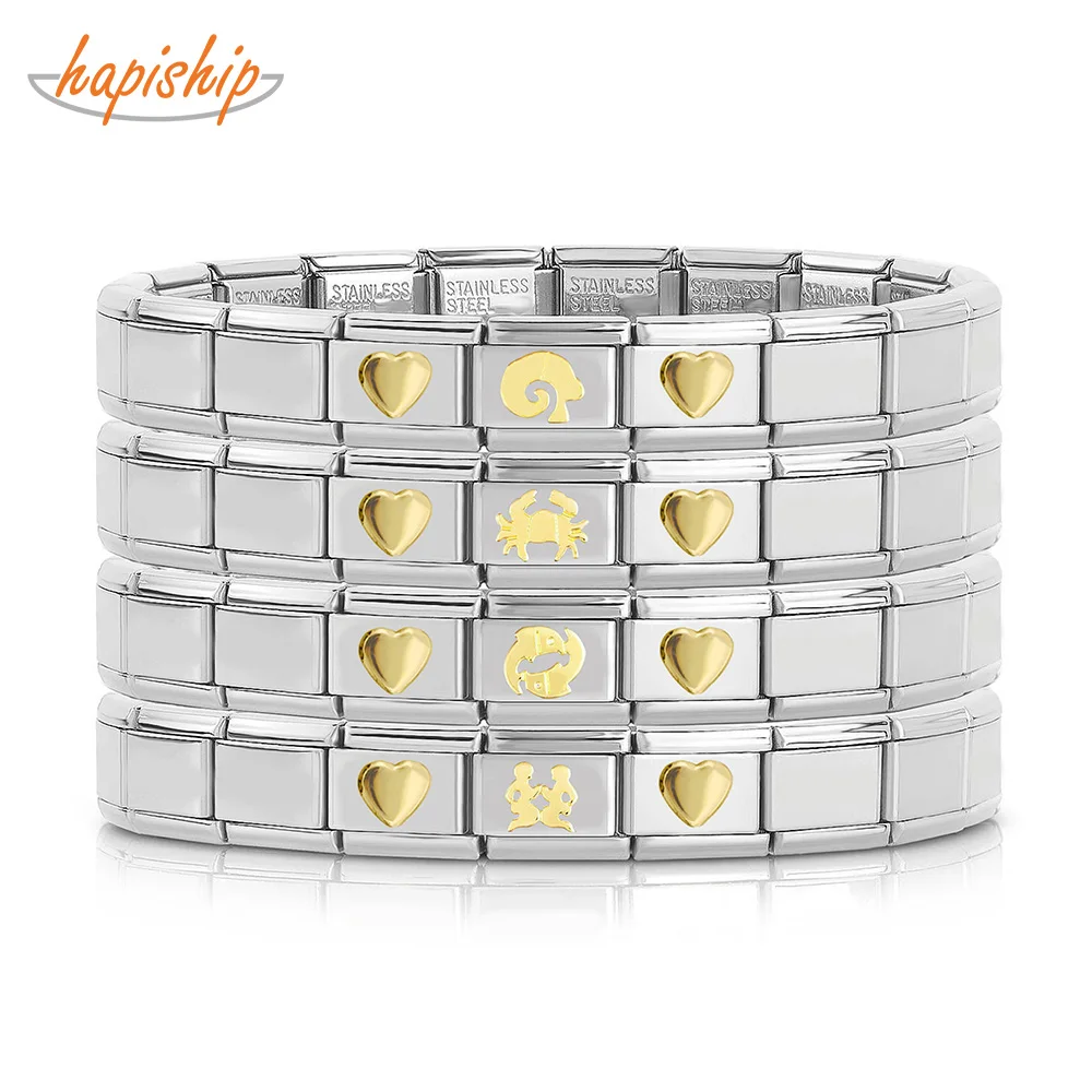 

Hapiship Top New Girls Fashion Sweet Gold Heart 12 Constellation Charm Links Bracelet Birthday Gift Bangle for Women Men G163