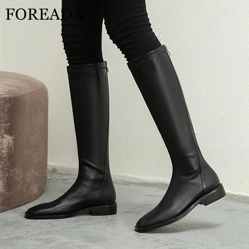 

FOREADA Real Leather Knee High Boots Woman Med Heel Riding Boots Zip Block Heel Long Boots Square Toe Ladies Shoes Black Size 43
