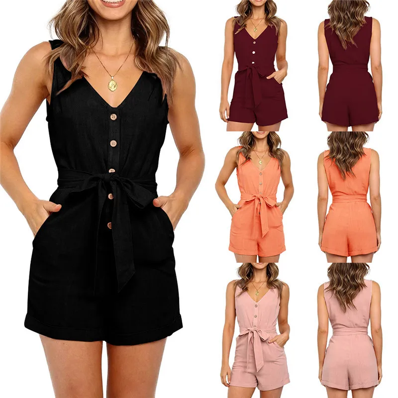 

Women Playsuits Sexy V Neck Sleeveless Button Sashes Cotton Playsuits Casual Slim Pocket Pink Black Short Jumpsuit Femme Rompers