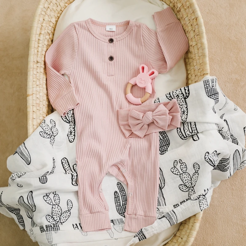 

3 PCS Newborn Onesies Baby Body Suit Long Sleeve Collared Organic Cotton Baptism Solid Headband Basic Baby Teether Accessories
