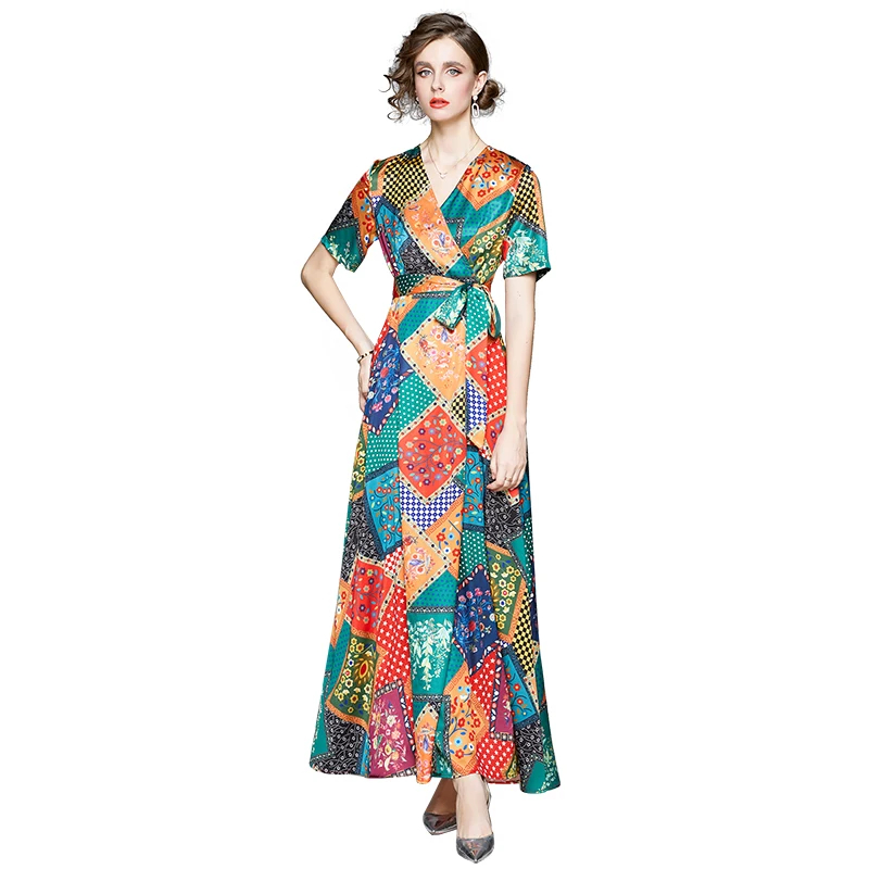 

Women's Summer Women's New Bohemian Ethnic Style Retro Print V-neck Slit Lace-up Short-Sleeve Long Dress