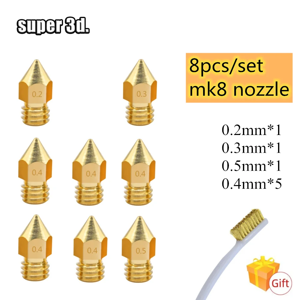 

8 шт 3D принтер сопла MK8 экструдер сопло для 1,75/3,00 мм MK8 CR-10 Ender 3 A8 части для 3D принтера + насадка