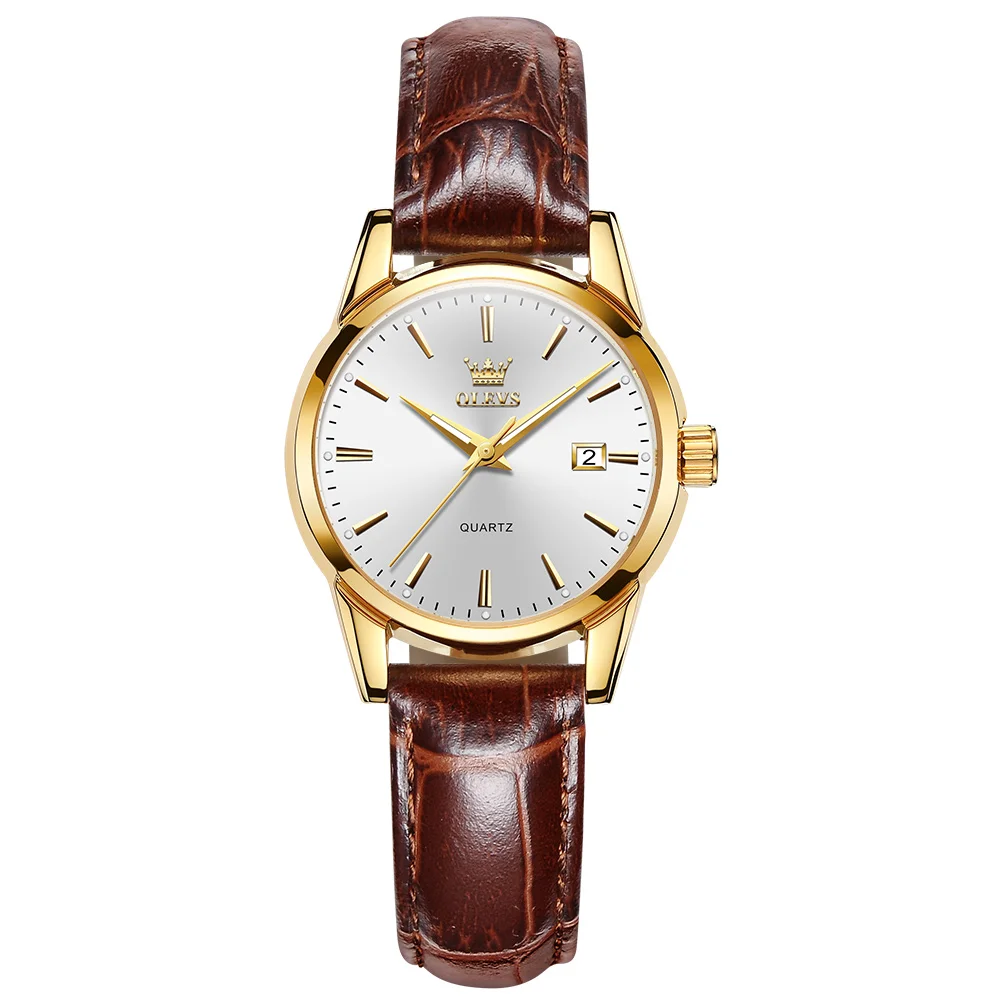 

OLEVS Classic Women Watches Brown Leather-Analog Quartz Watch Week Date Casual Luminous Waterproof Wrist Watch Lovers