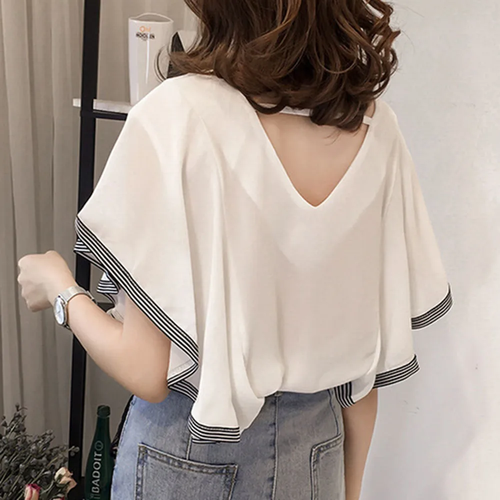 

Women T-shirt Summer Patchwork Chffion Blouse Office Lady Ruffle Sleeve Color Block Shirts Female Tops OL Korean Japan Style