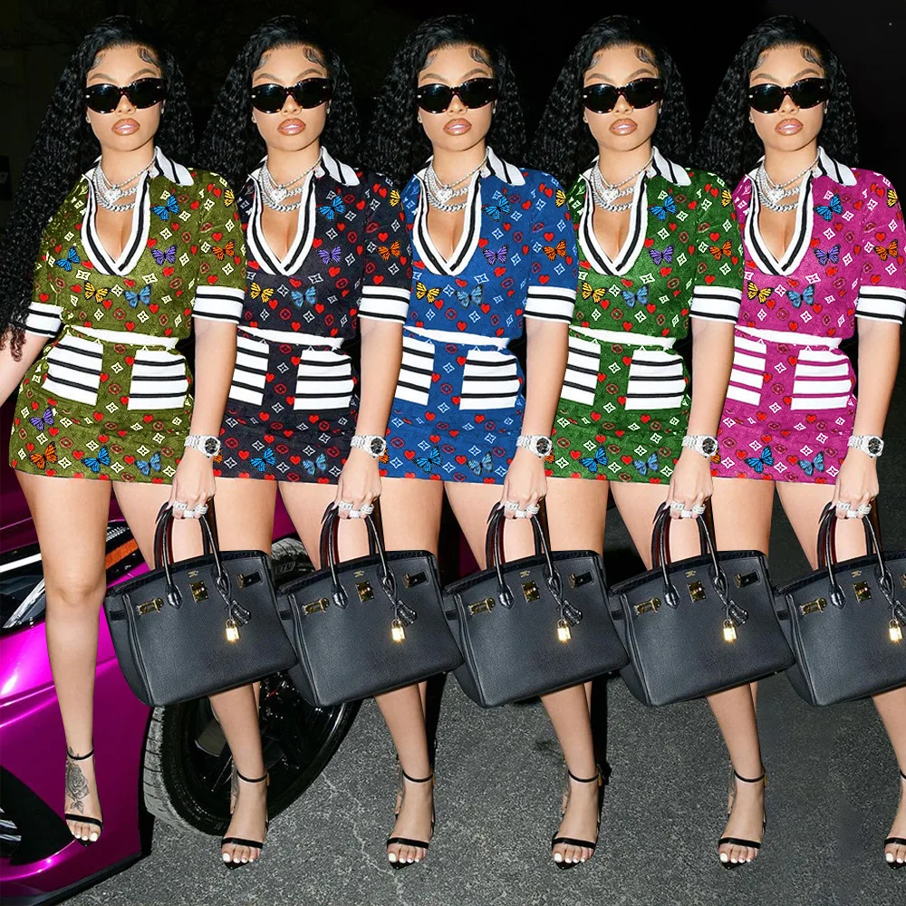 

Женский комплект из юбки и юбки, повседневный комплект из двух предметов с коротким рукавом и принтом бабочки, одежда с V-образным вырезом дл...