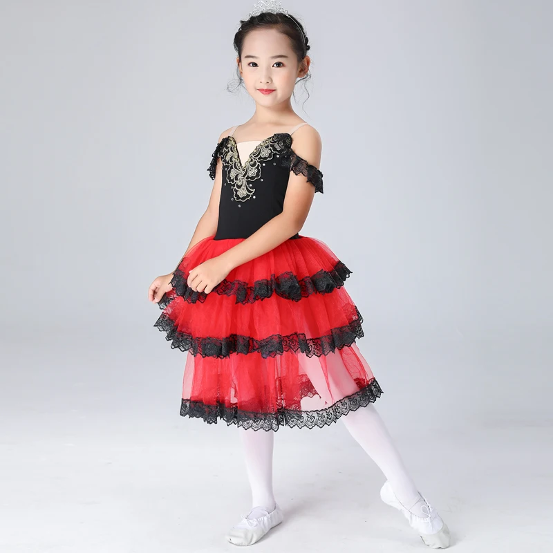 Disfraz de Ballet de tul rojo y negro para mujer, vestido español para adultos y niñas, baile romántico largo, tutú de Ballet, disfraces de actuación