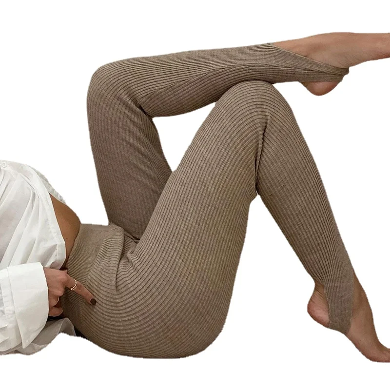 

Beige Ribbed Knit Leggings Women High Waist Cotton Fitness Basic Pants Casual Spring New All-Match Female Skinny Leggings