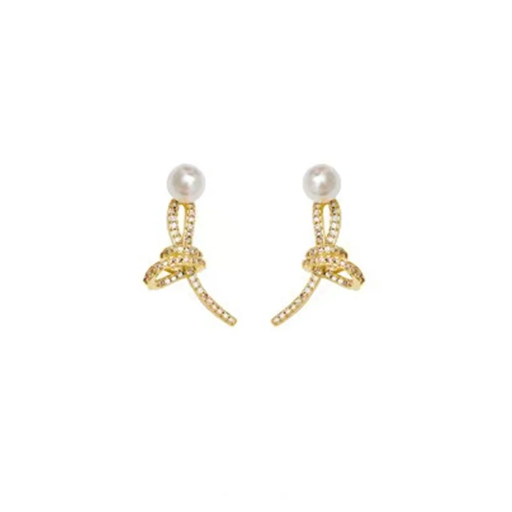 

2021 French Exquisite Knotted Zircon Pearl Earrings 925 Silver Needle Classic Style Earring Lady Temperament Party Women Jewelry
