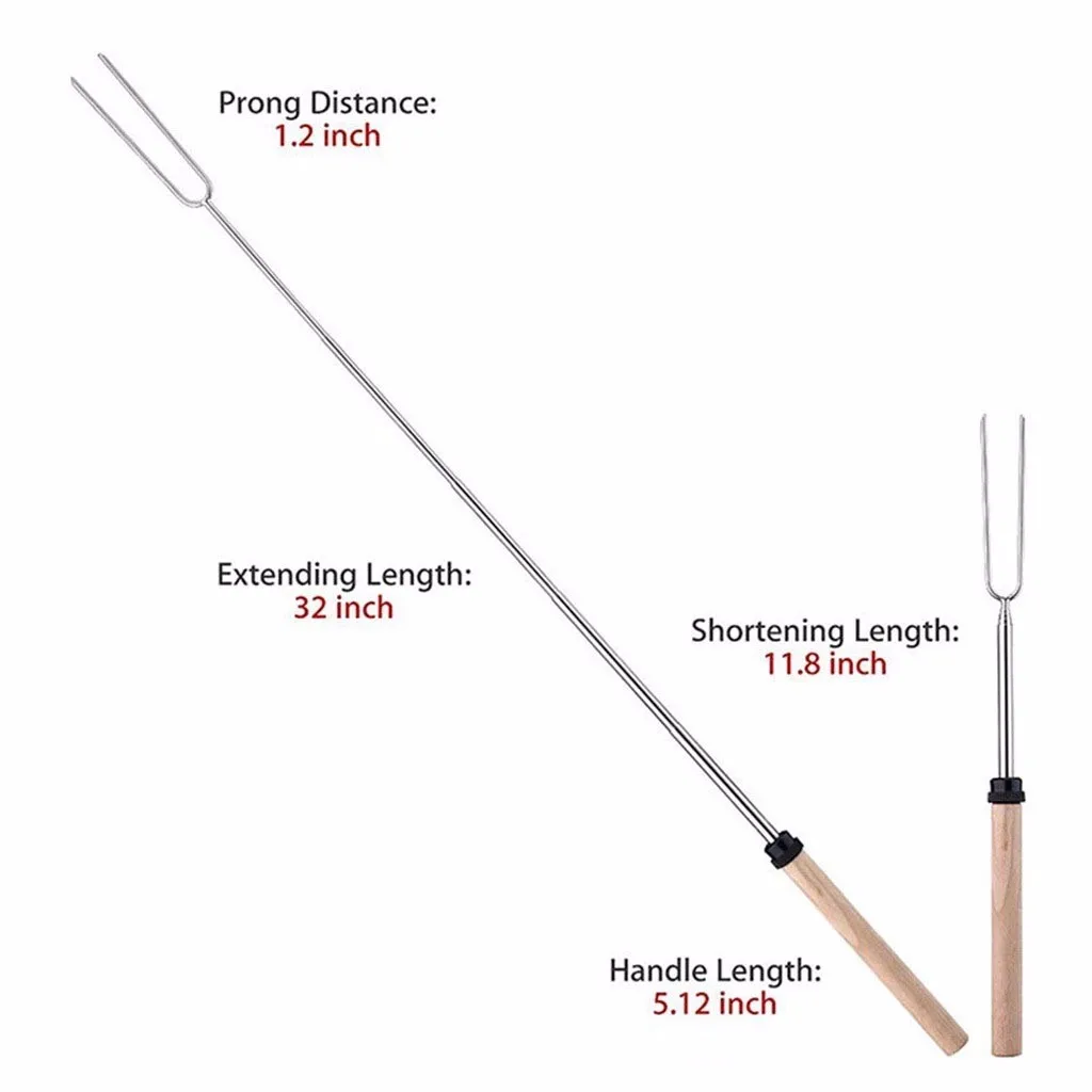 Stainless Steel Barbecue Fork Useful Wooden Handle BBQ Marshmallow Roasting Stick Extending Roaster Telescoping Tool #30 |