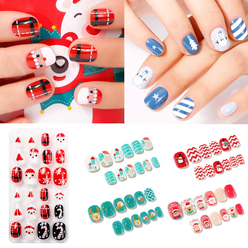 

24PCS/Set Children Fake Nails Christmas Nail Decor Full Cover Fake Nail False Nail Tips Kids Removable DIY Back-glued Fashion