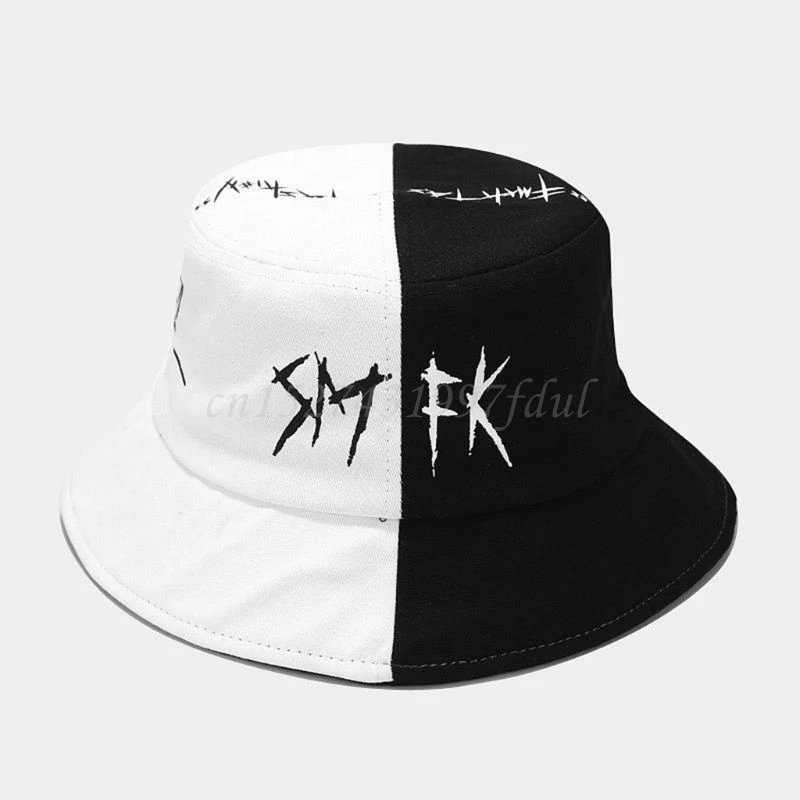 

Unisex Black White Color Block Bucket Hat Star Eye Graffiti Print Fisherman Cap