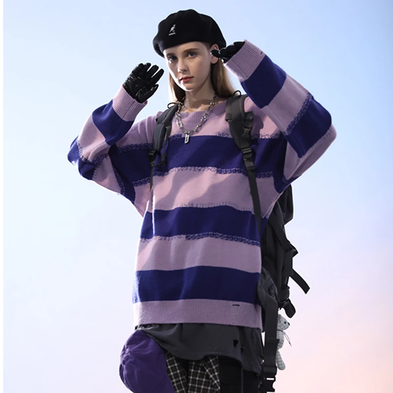 Оригинальный Цветной полосатый осенний свитер с круглым вырезом оверсайз для