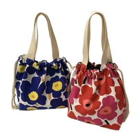woman lunch bag cute canvas red flower prints drawstring insulated soft cooler school tote meal package hemp small thermal bag