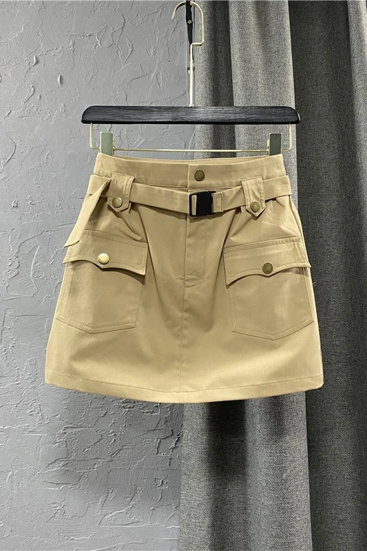 

Denim Skirt Women's Khaki Suit Skirt 2021 New Summer Wear Double Pocket Korean Casual A- Line Skirt Fashion