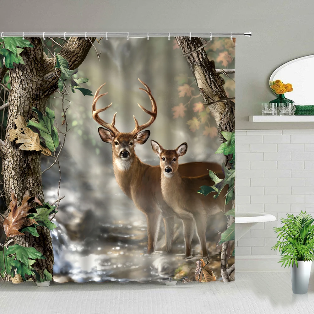 

Hot Sale Elk Printing Design Shower Curtain Set Wild Animal Theme Forest Sunset Deer Waterproof Bathroom Decor Hanging Curtains