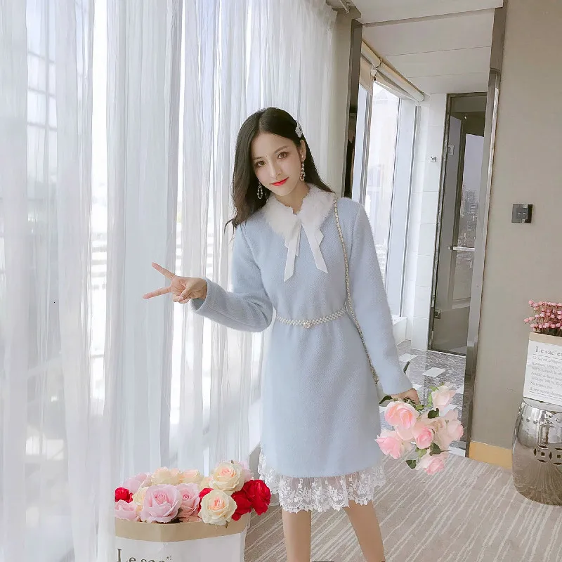 Женское короткое платье с длинным рукавом голубое винтажное в Корейском стиле
