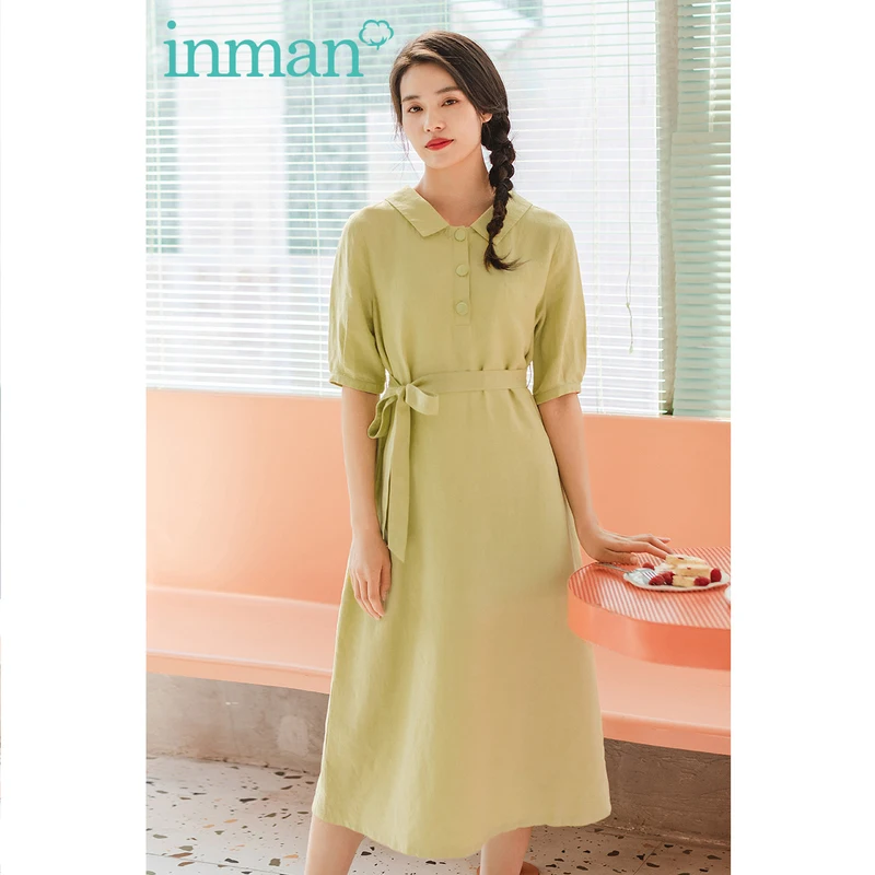 INMAN Лето короткий рукав бант отложной воротник чистое и свежее платье А-силуэта |