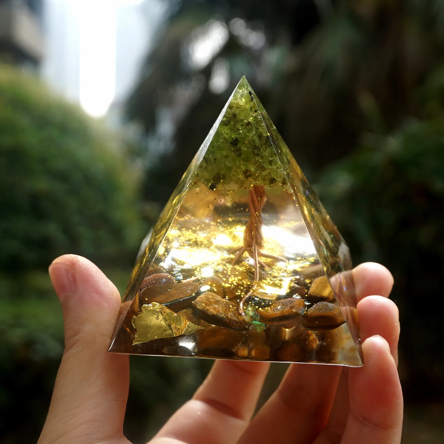 

EMF Orgonite Energy Chakra Handmade Tree of Life Orgone Pyramid 60mm Peridot With Tiger Eye Crystal Stone Accumulator