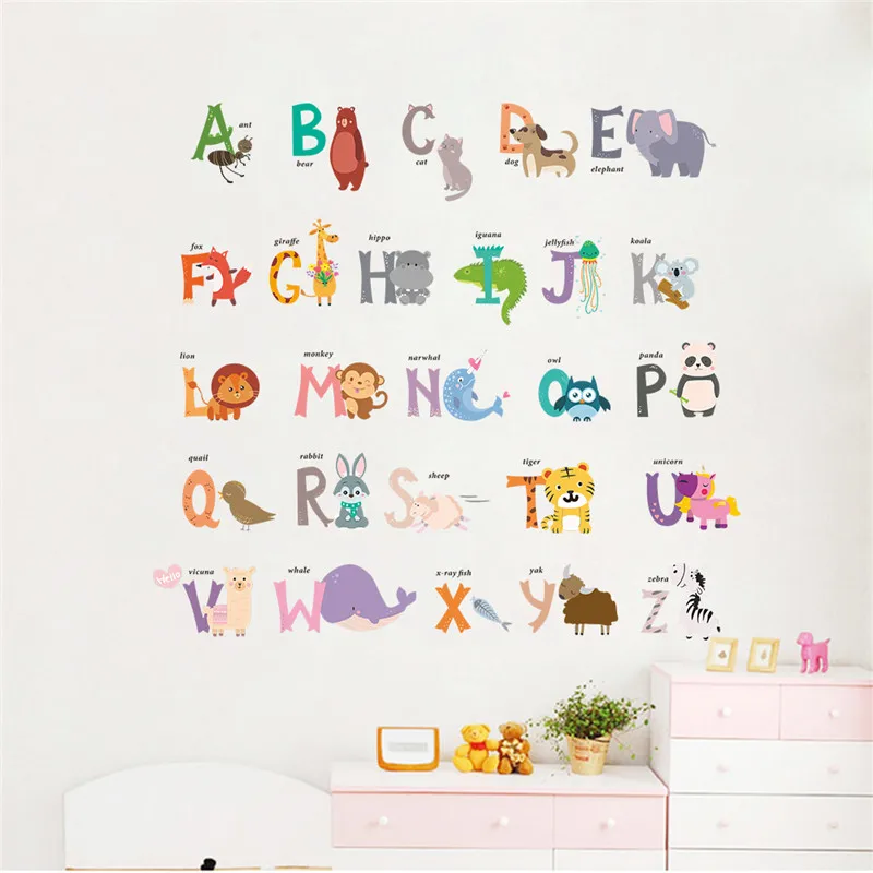 

Английский алфавит с милыми животными наклейки на стену для детской комнаты украшение для дома Diy Мультфильм Сафари роспись искусство