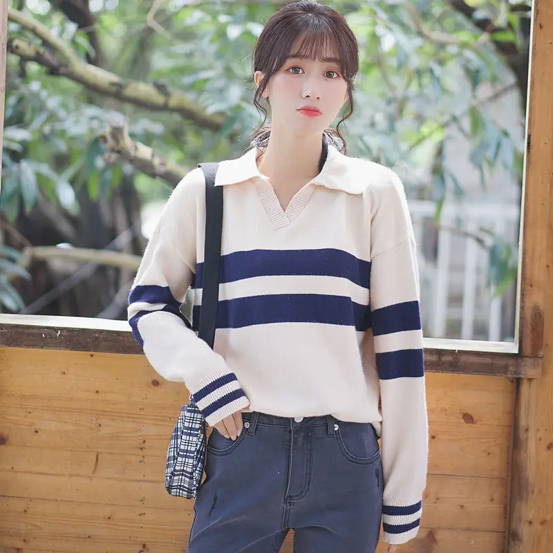 

Chic Khaki 19 New Spring and Autumn Blue Striped Sweater Women's Chic Elegant Bottoming Sweater Loose Polo Shirt Pullover