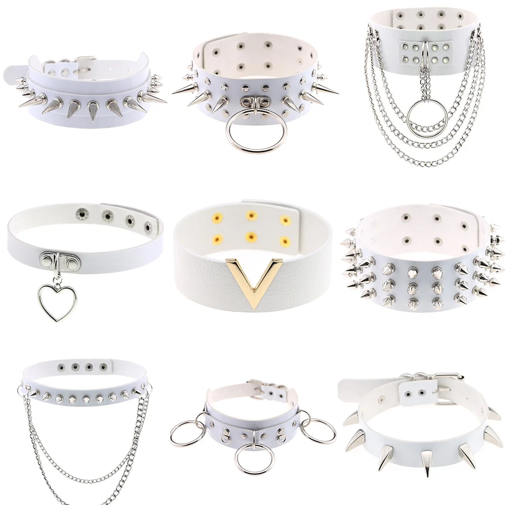 

2021 Punk white PU Leather necklaces for women Round Spike Rivet Studded Chokers Necklace Body sexy collar Party Gifts Jewelry