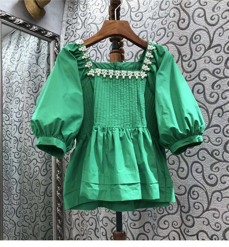 

VANOVICH с пышными рукавами жемчужный квадратный вырез женский топ весна-осень 2022 новые стильные вышитые футболки