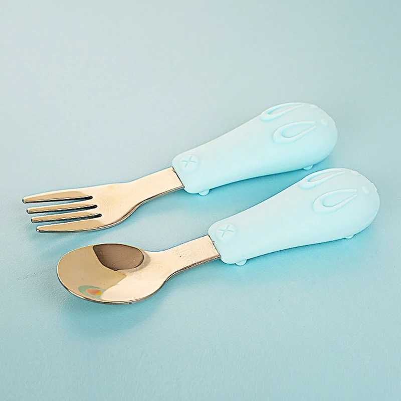 

2 Pcs Cartoon Baby Stainless Steel Spoon Fork Set Soft Silicone Teether Toys Anti-slip Learning Training Feeding Utensils Tablew