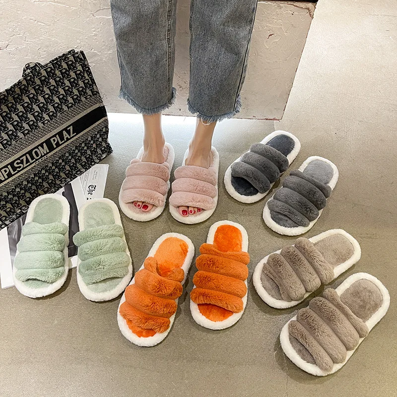 

trendy ladies indoor outdoor fur slippers Women House Full Furry soft fluffy plush platform flat non-slip shoes Woman