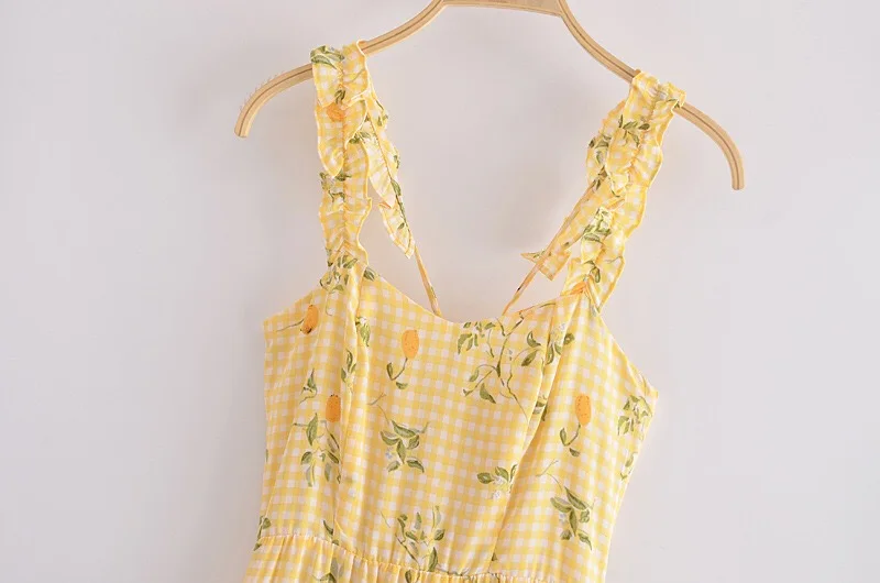 

2021 Summer Vintage Yellow Floral Print Wood ears Ruffles Strap Dress Lacing up Tie Back Sleeveless Sling Dress Holiday