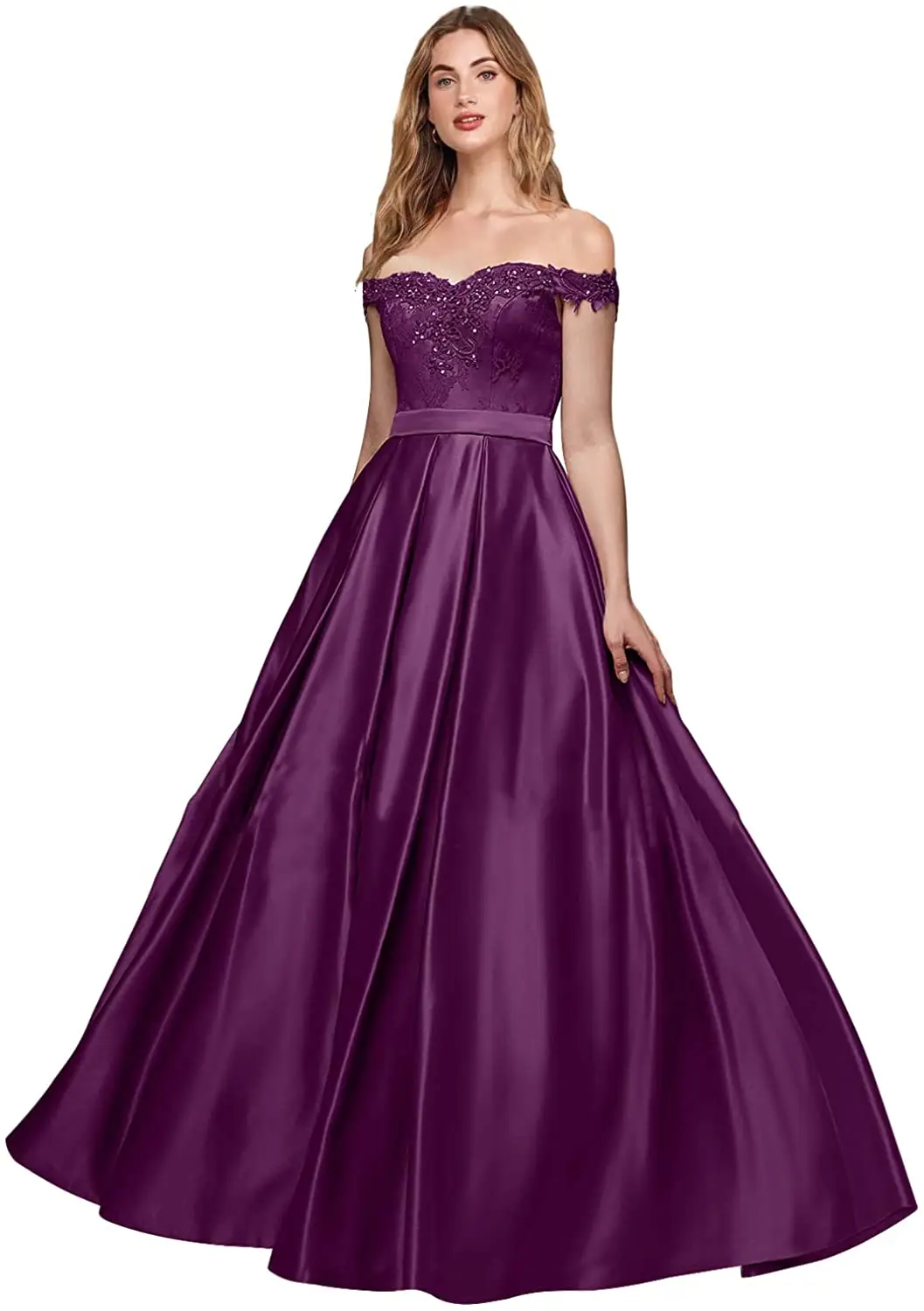 

Womens Off Shoulder Embroidered Prom Dress Long Aline Satin Evening Formal Gown Prom Dresses with Sparkles