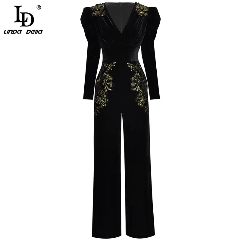 LD LINDA DELLA 2022 Spring Fashion Women's Jumpsuits V-neck Long sleeve Gold Line Embroidery Black Velvet Jumpsuits