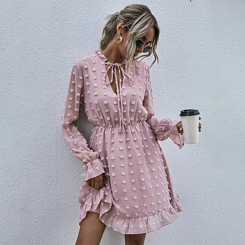 

Chiffon Flare Sleeve V Neck Bandage Ruffle Solid Color Dress Women Casual Streetwear Boho Beach Holiday High Waist Mini Dresses