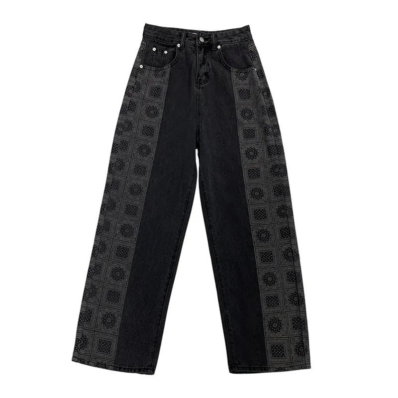 

Women Printed Jeans High Waist Straight Patchwork Loose Denim Trousers Black Long Wide Leg Pants Fashion Plus Size Jean P9639