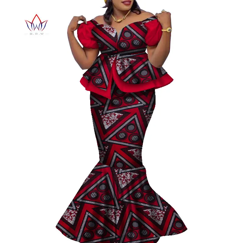 Bintarealwax Africa Style Two Piece Skirt Set Dashiki Elegant Clothing Ruffles Crop Top and Skirt Women Sets for Wedding WY9085