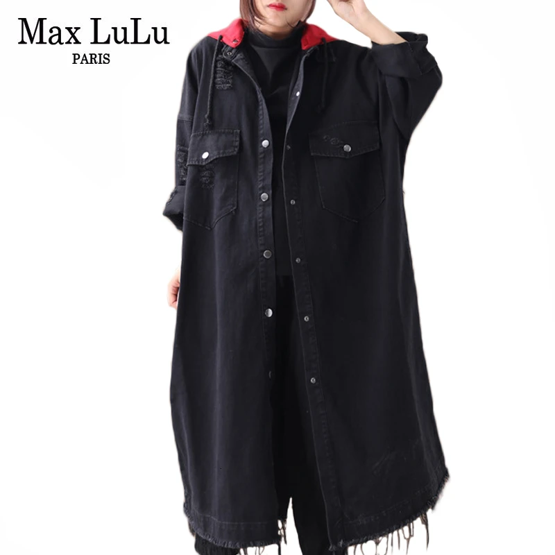 Max LuLu осенняя одежда модные корейские роскошные женские джинсовые тренчи женские с капюшоном Большие винтажные длинные ветровки