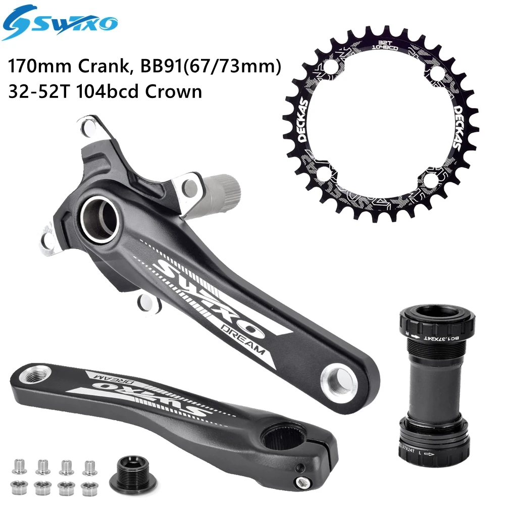SWTXO MTB Crankset 104BCD Crown 170mm Cranks 32/34/36/38/40/42/44/46/48/50/52T Sprocket with Bottom Bracket Mountain Bicycle