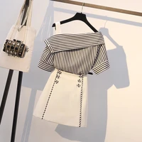 summer 2021 new off shoulder striped blouse tops sweet women 2 piece set mini high waist a line button skirt student suits
