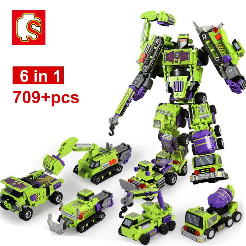 

709pcs 6in1 Transformation Robot Building Block City Engineering Excavator car truck constructor Bricks toy For Children