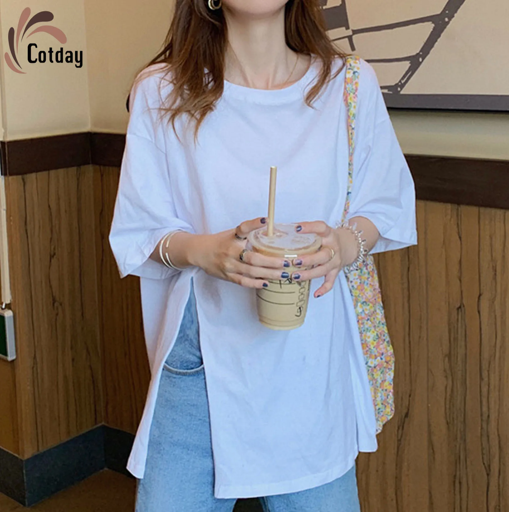 

Cotday Super Fire Design 2021 New Summer White Casual Side Split T-shirt Split Sweet Female Short Sleeve Loose Lazy Wind Top