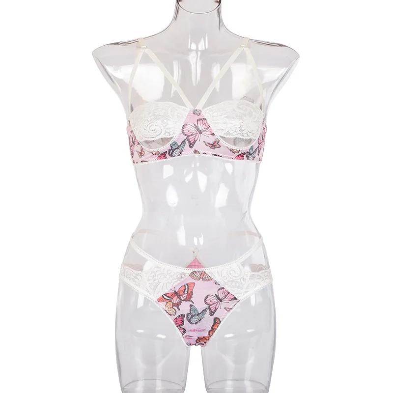 

Women Butterfly Babydoll Sexy Lace Open Cup Floral See Through Lingerie Sets Underwear 2 Piece Transparent Intimate Lenceria Set