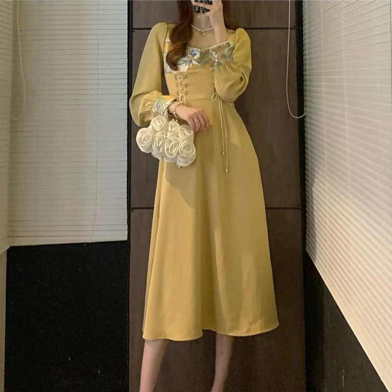 

French Vintage Midi Dress Women Elegant Design Floral Print Fairy Dress Female Belt Korean Retro Sweet Long Sleeve Party Dresses