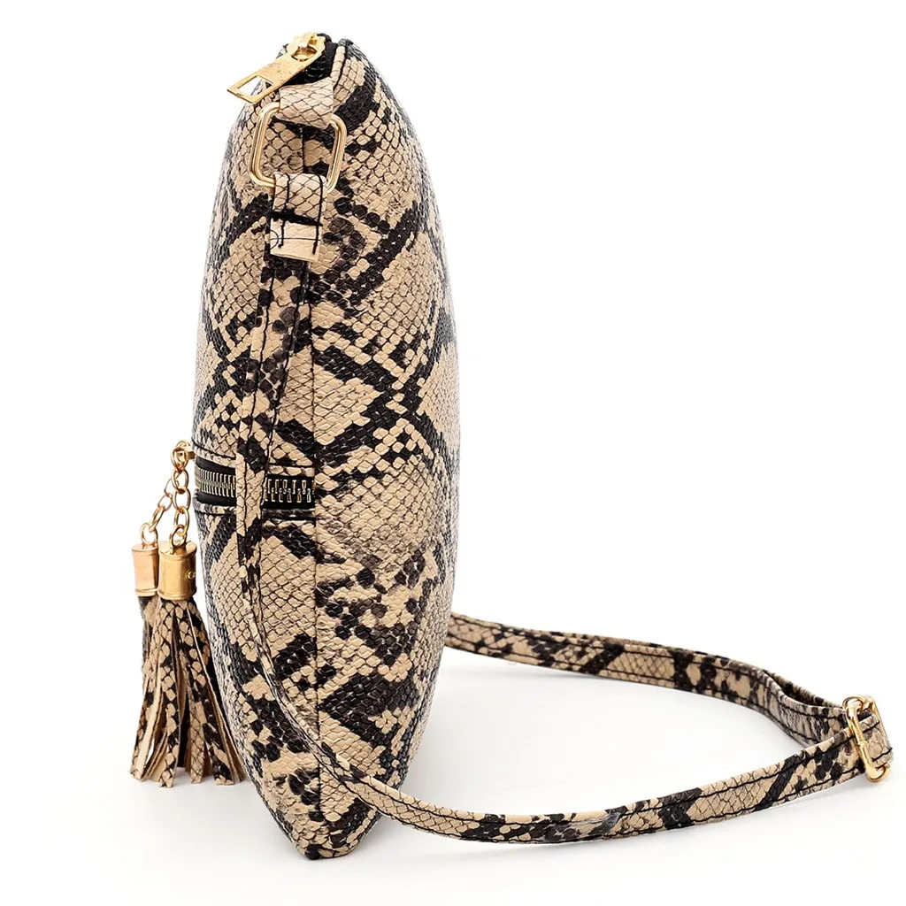 Fashion Women Tassel Snake Printing Zipper Messenger Bag Handbag Shoulder Bag Elegant Small Square Bags#YJ