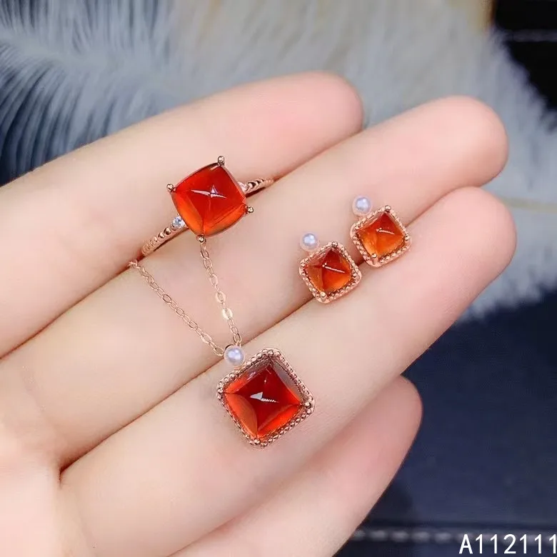 Fine Jewelry 925 Pure Silver Inset With Natural Gem Women's Luxury Noble Sugar Tower Orange Garnet Pendant Ring Earring Set Supp