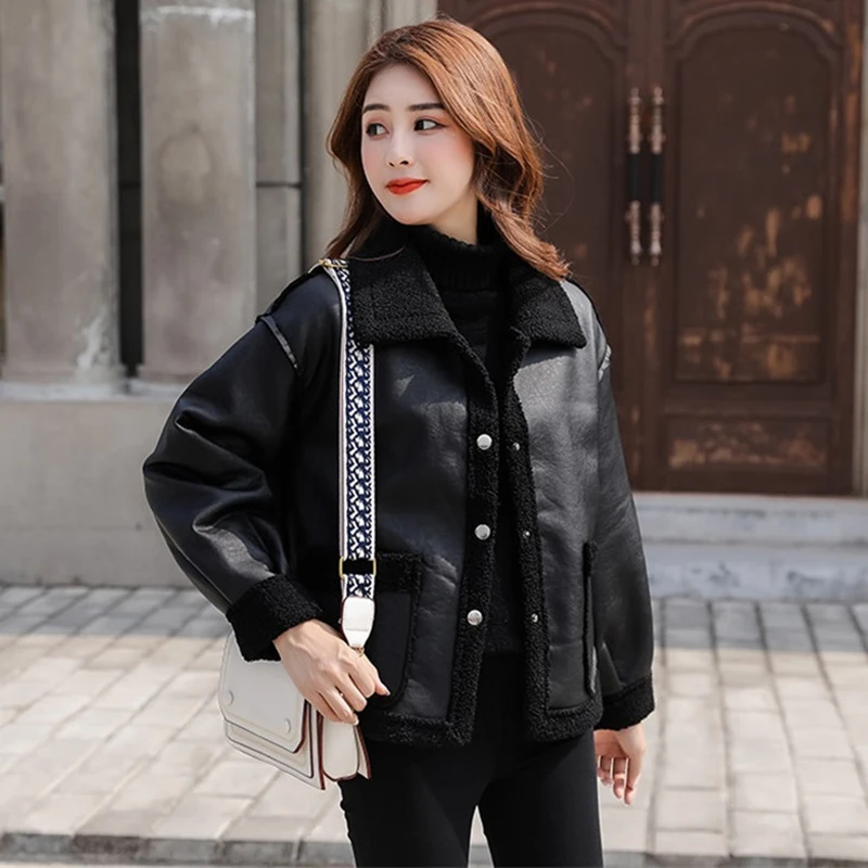 Женское кожаное пальто размера плюс зимнее короткое из искусственной овечьей