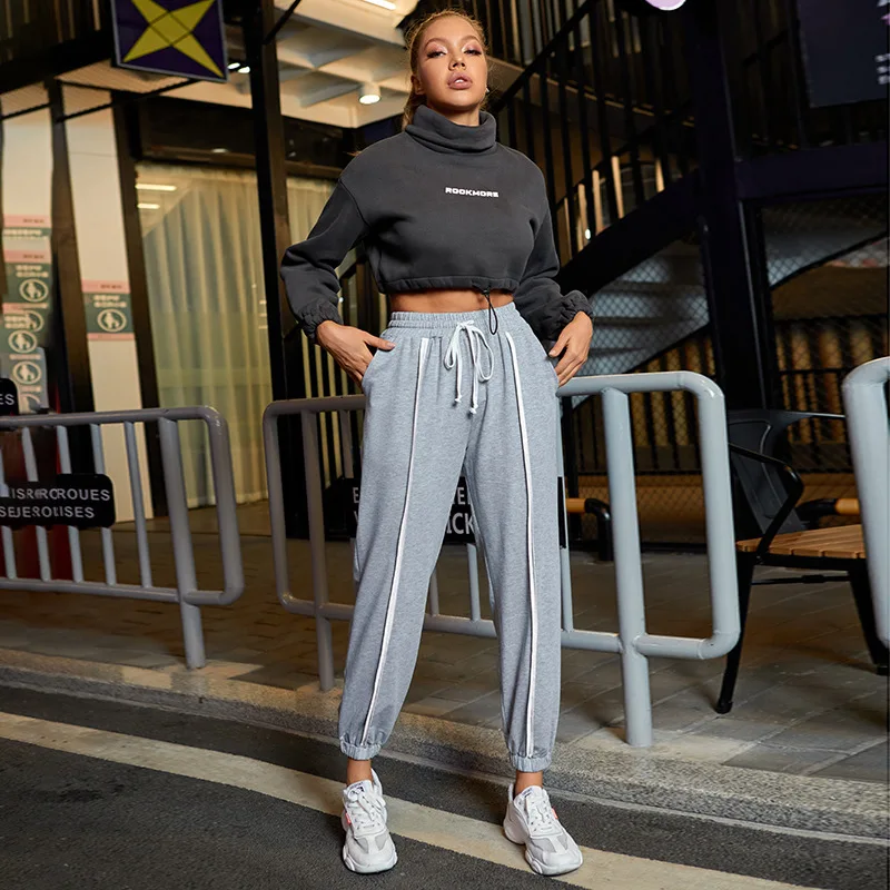 

Spring Sexy High Waist Loose Sweatpants Trousers Drawstring Patchwork 2021 Fall Gray Baggy Joggers Women Sweat Pants Streetwear